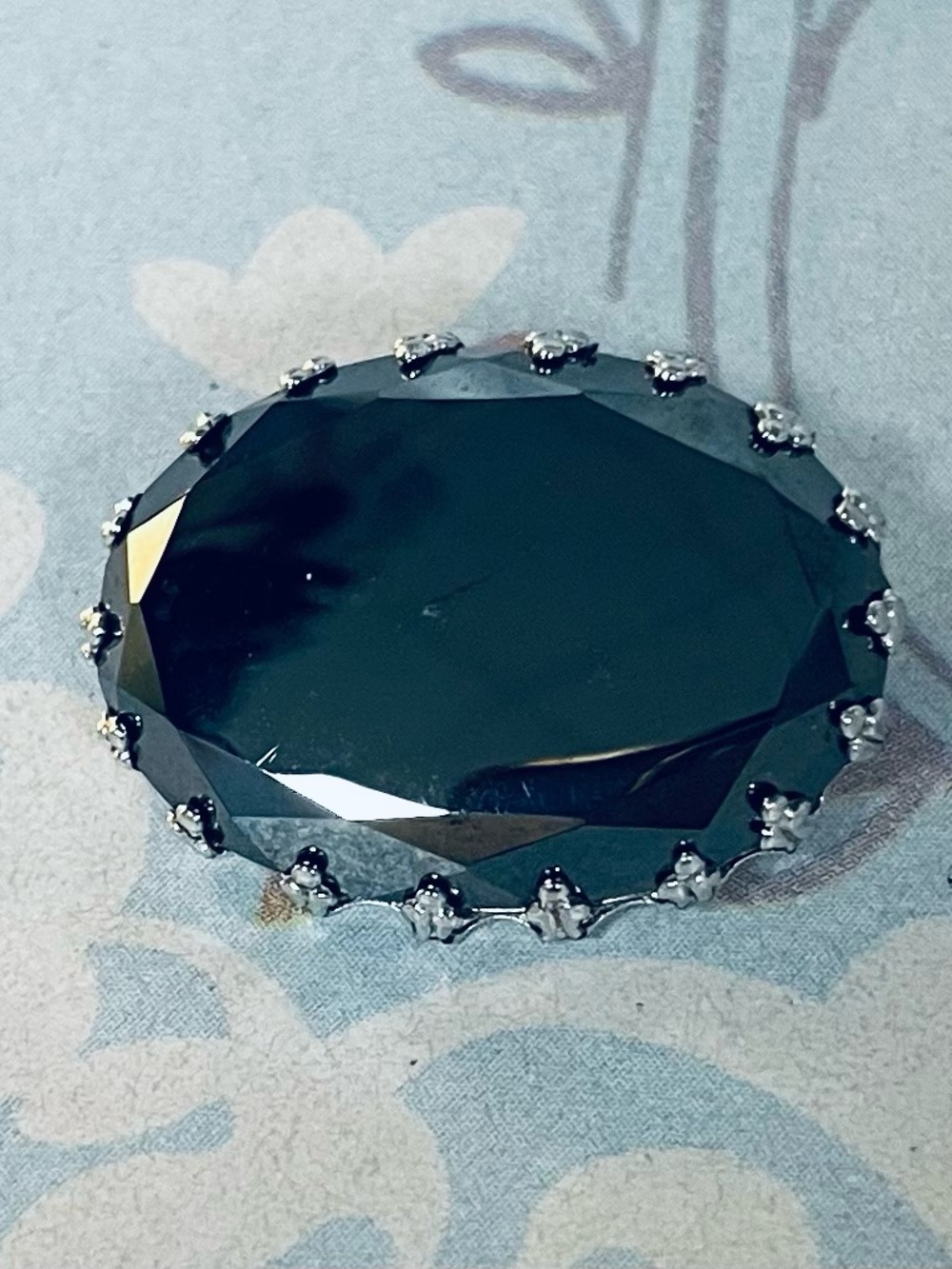 Vintage Black Faceted Oval Crystal Brooch Sterling Silver